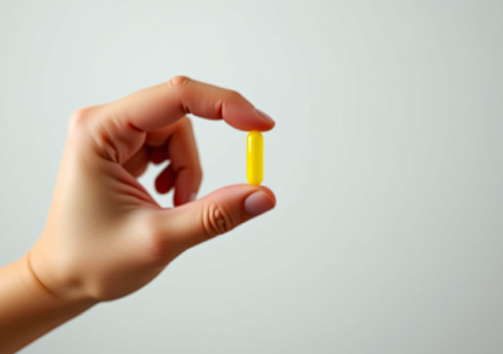  hand holding a small yellow pill against a plain background, emphasizing the simplicity and focus on the pill. ideal for healthcare, medication, and wellness themes.