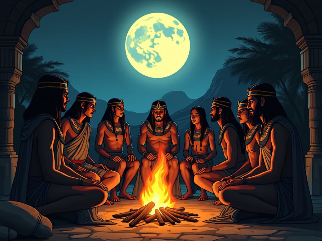  a community of ancient egyptian villagers gathered around a glowing fire, under the full moon's gaze, faces lit up with reflection and determination, atmosphere of social reevaluation. the style is digital art illustration / modern comic book / mysterious occult, symbolic, esoteric vibe,high detail on character design, incorporating ancient egyptian symbology and attire.