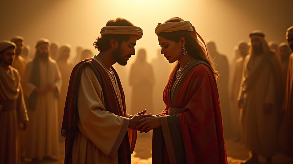  history of biblical times, esaú finding his two brides, judith and basemat, amidst a vibrant celebration contrasting isaac's storyline. hyperrealistic, full body, detailed clothing, highly detailed, cinematic lighting, stunningly beautiful, intricate, sharp focus, f/1. 8, 85mm, (centered image composition), (professionally color graded), ((bright soft diffused light)), volumetric fog, trending on instagram, trending on tumblr, HDR 4K, 8K