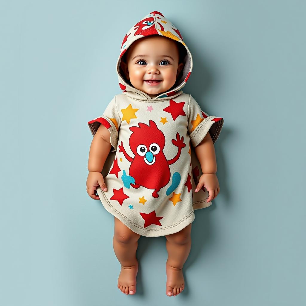  create an image of a full body babies wearing poncho with the following specifications:\n fabric material: cotton\n fit: slim fit\n sleeve length: sleeveless\n neck style: crew neck\n fabric design : printed, colors: rgb(103,187,228) , rgb(249,36,221), \n fabric weight: lightweight\n texture and finish: smooth\n usage: casual\n branding: patch logo\n additional features: pockets