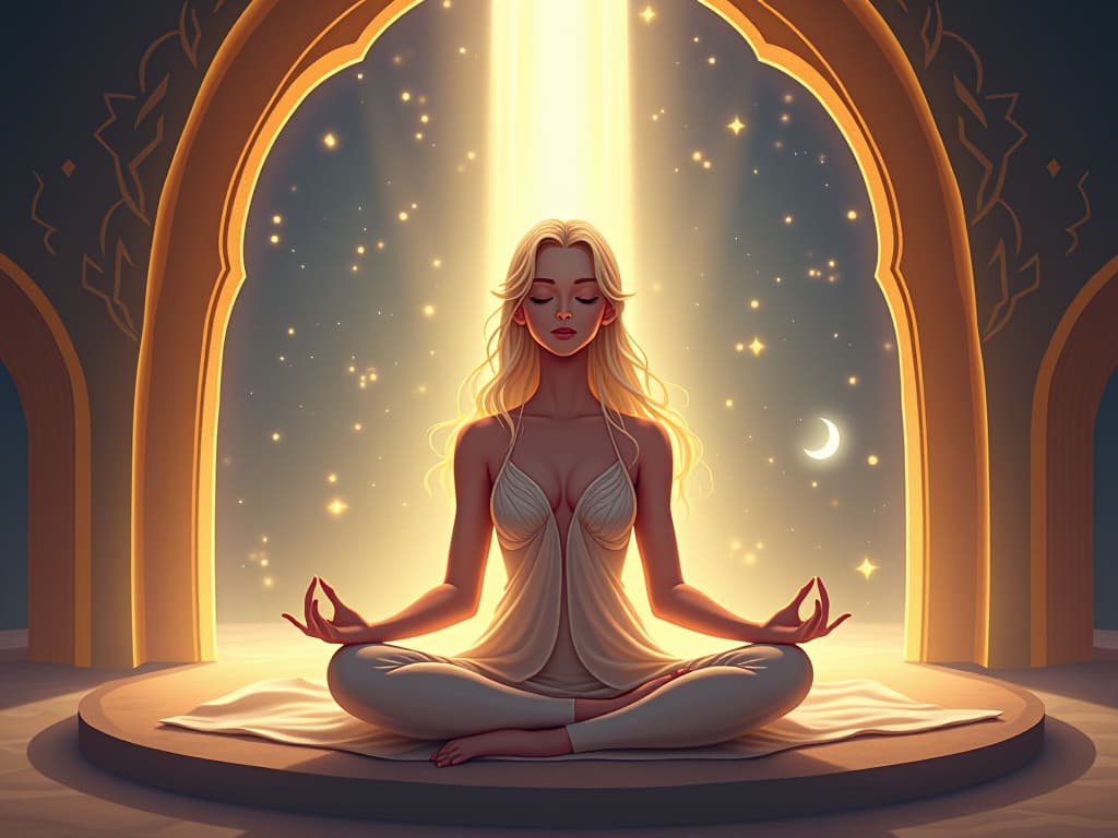  ethereal being meditating in a glowing temple, serene expression, light beams penetrating through, divine connection. the style is digital art illustration,highly detailed, whimsical,magical, dreamlike atmosphere, realism and fantasy blend, smooth, glossy textures,luminous quality, wonder and enchantment.