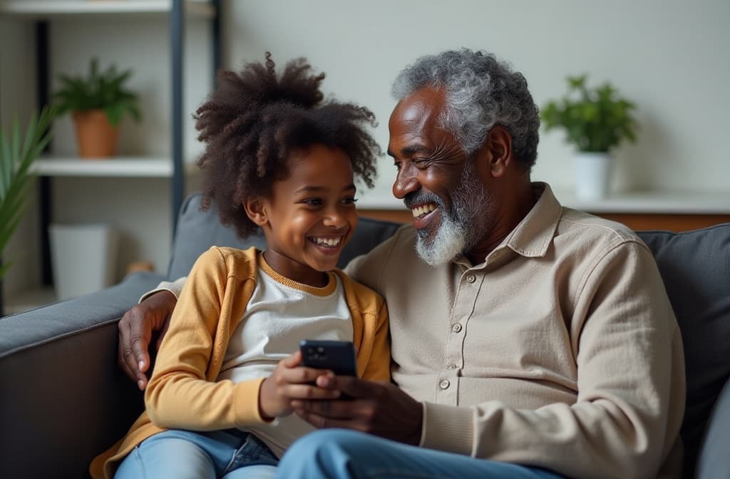  professional detailed photography, bright image, smiling elderly grey haired man, black skin, sitting on grey sofa with black child girl, girl holding phone in hands, grandpa looking to girl, blurred white room on background , (muted colors, dim colors, soothing tones), (vsco:0.3)