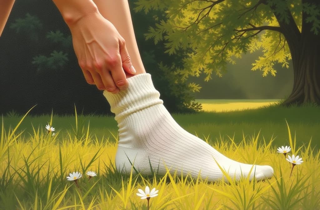  oil painting, extreme close up, low angle, a manicured hand enters from out of frame and pulls a white sock off a woman's ((foot)), natural outdoor setting, warm dappled sunlight, art:magazine:advertising