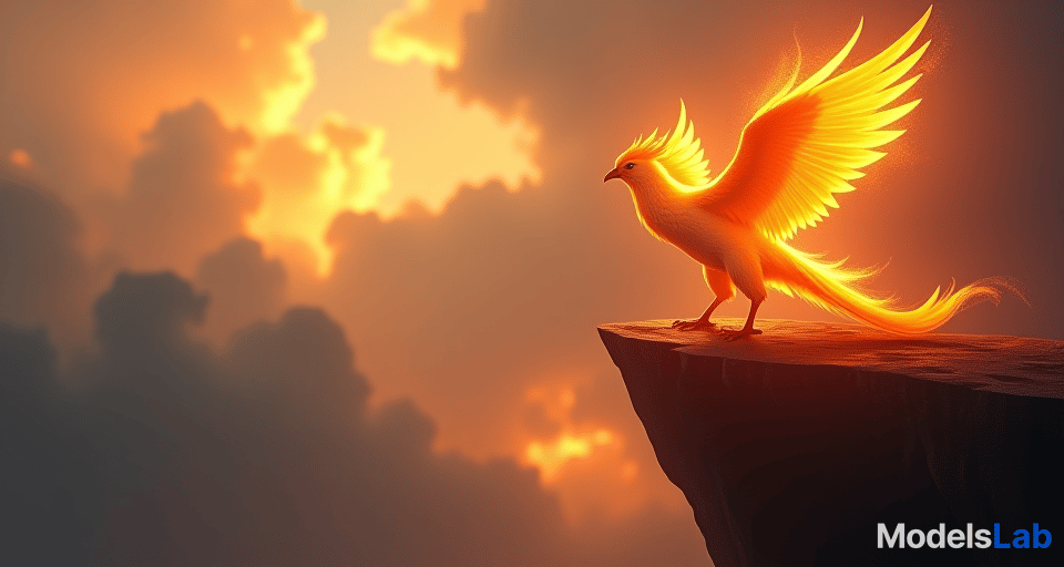  a glowing, majestic phoenix perched on a cliff's edge. its fiery plumage casting a warm glow over the surreal landscape, mood of enlightening revelation and majestic presence.. the style is digital art illustration,highly detailed, whimsical,magical, dreamlike atmosphere, realism and fantasy blend, smooth, glossy textures,luminous quality, wonder and enchantment.