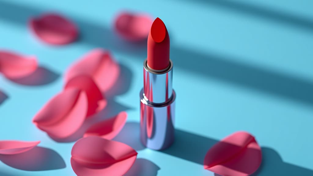  a red lipstick with petals on a blue surface