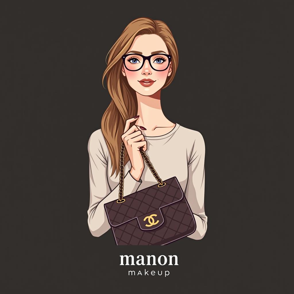  design a logo, a tall light brown haired woman with glasses holding a chanel bag, with the text 'manon makeup '.