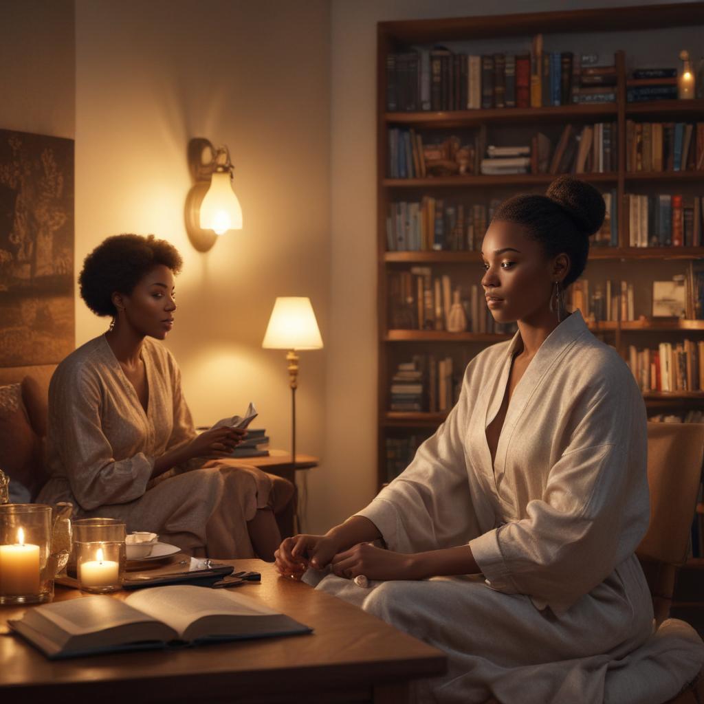 ((masterpiece)),(((best quality))), 8k, high detailed, ultra detailed, European woman and African woman relaxing in a room, peaceful atmosphere, books on shelves, candlelit dinner table hyperrealistic, full body, detailed clothing, highly detailed, cinematic lighting, stunningly beautiful, intricate, sharp focus, f/1. 8, 85mm, (centered image composition), (professionally color graded), ((bright soft diffused light)), volumetric fog, trending on instagram, trending on tumblr, HDR 4K, 8K