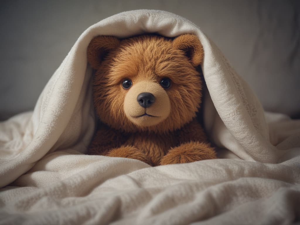 ultra realistic ((ultra realistic ((a teddy bear peeking out from under a blanket)))) hyperrealistic, full body, detailed clothing, highly detailed, cinematic lighting, stunningly beautiful, intricate, sharp focus, f/1. 8, 85mm, (centered image composition), (professionally color graded), ((bright soft diffused light)), volumetric fog, trending on instagram, trending on tumblr, HDR 4K, 8K