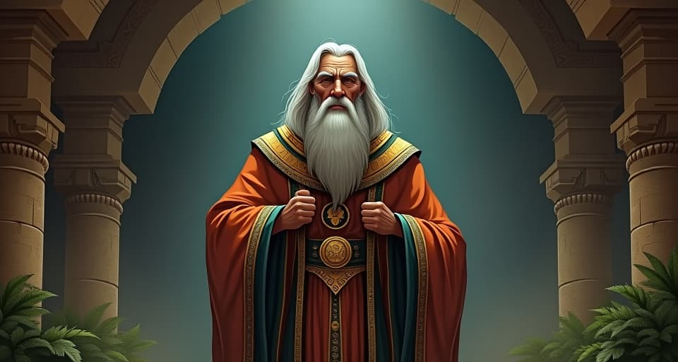  a revered healer, elderly with long white beard, wearing elaborate ancient egyptian robes, standing in a dimly lit stone chamber, surrounded by ancient scrolls and herbs, an aura of wisdom and reverence. the style is digital art illustration / modern comic book / mysterious occult, symbolic, esoteric vibe,high detail on character design, incorporating ancient egyptian symbology and attire.