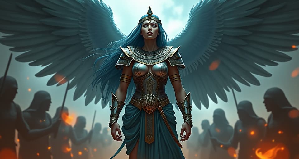  a large busted warrior queen in gleaming armor, standing tall as ethereal music plays around her, shadowy figures in the background realizing their defeat, the battle never theirs to win.. the style is digital art illustration / modern comic book / mysterious occult, symbolic, esoteric vibe,high detail on character design, incorporating ancient egyptian symbology and attire.