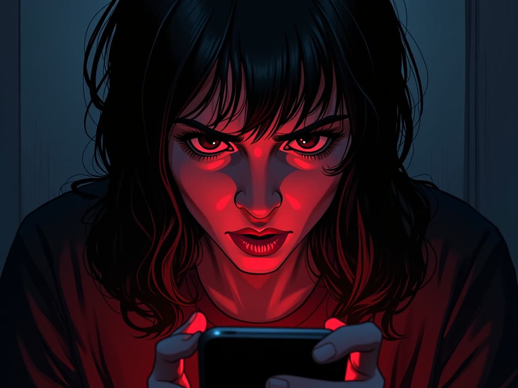  person in dark room, face illuminated by the glow of a phone screen, eyes wide in shock, atmosphere of disbelief. the style is digital art illustration / modern comic book / graphic dark novel fantasy and mysterious occult, symbolic, moody lighting, esoteric vibe,high detail on character design. for the color scheme emphasize blacks and reds.