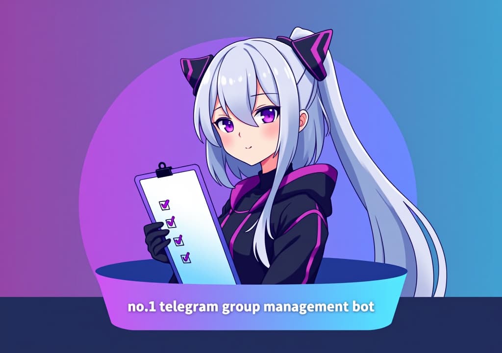  good quality, high quality, a profile picture for a telegram group management bot featuring emilia from re:zero. emilia is depicted with her silver hair and purple eyes, holding a stylized clipboard with a checklist. the background is a soft gradient of purple and blue, symbolizing efficiency and organization. a banner at the bottom reads, "no.1 telegram group management bot @elf robot" in clean, modern font.