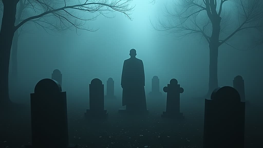  images about horror stories, a creepy graveyard with tombstones partially hidden in the fog. hyperrealistic, full body, detailed clothing, highly detailed, cinematic lighting, stunningly beautiful, intricate, sharp focus, f/1. 8, 85mm, (centered image composition), (professionally color graded), ((bright soft diffused light)), volumetric fog, trending on instagram, trending on tumblr, HDR 4K, 8K