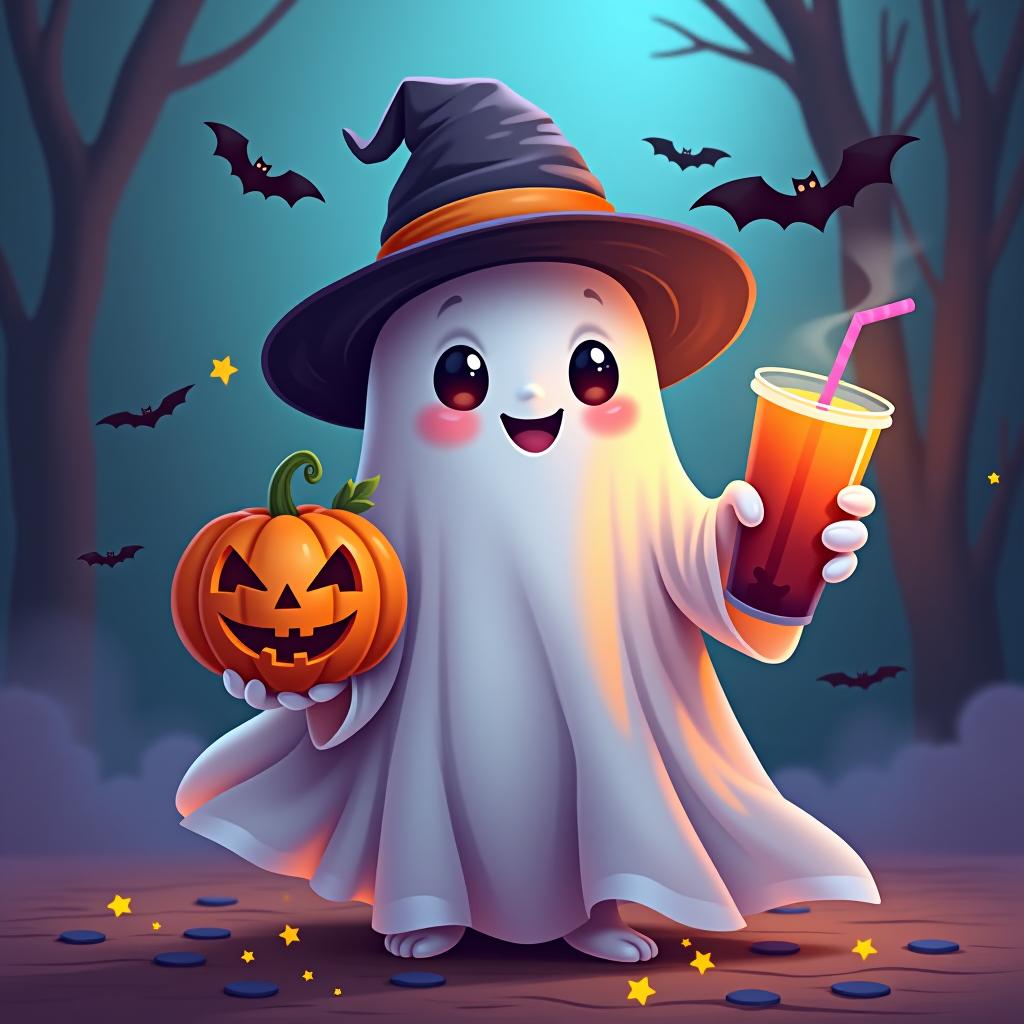  create a digital painting featuring a cute ghost character. the ghost should be wearing a hat. in one hand, the ghost should hold a pumpkin with a carved face, and in the other hand, a halloween themed drink. the background should be colorfull and include small black bats and stars to add a playful halloween touch. the overall style should be cute, whimsical, and colorful hyperrealistic, full body, detailed clothing, highly detailed, cinematic lighting, stunningly beautiful, intricate, sharp focus, f/1. 8, 85mm, (centered image composition), (professionally color graded), ((bright soft diffused light)), volumetric fog, trending on instagram, trending on tumblr, HDR 4K, 8K