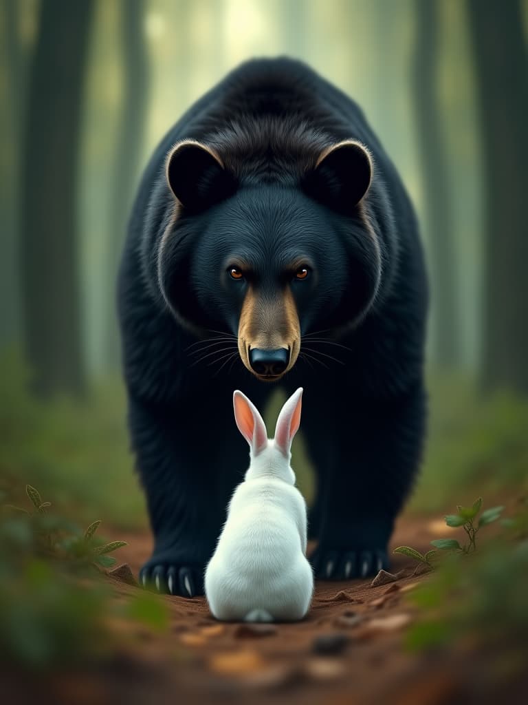  in the forest, a vicious black bear stood in front of a white rabbit photo realistic, highly intricate and detailed, masterpiece, ultra high res,photography,8k resolution