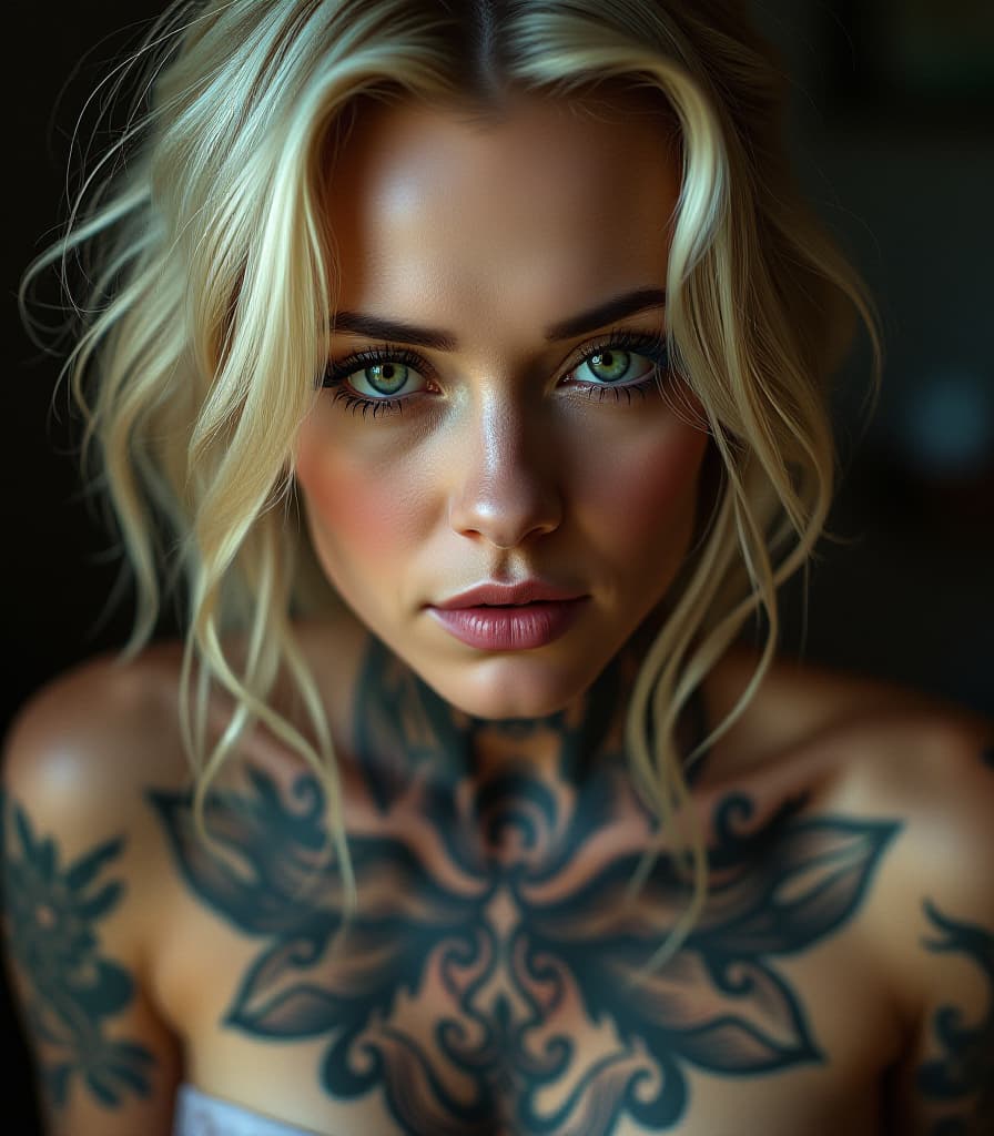  captivating gaze of a 40 woman, with tattoos all over her body. blonde hair. big lips. sad