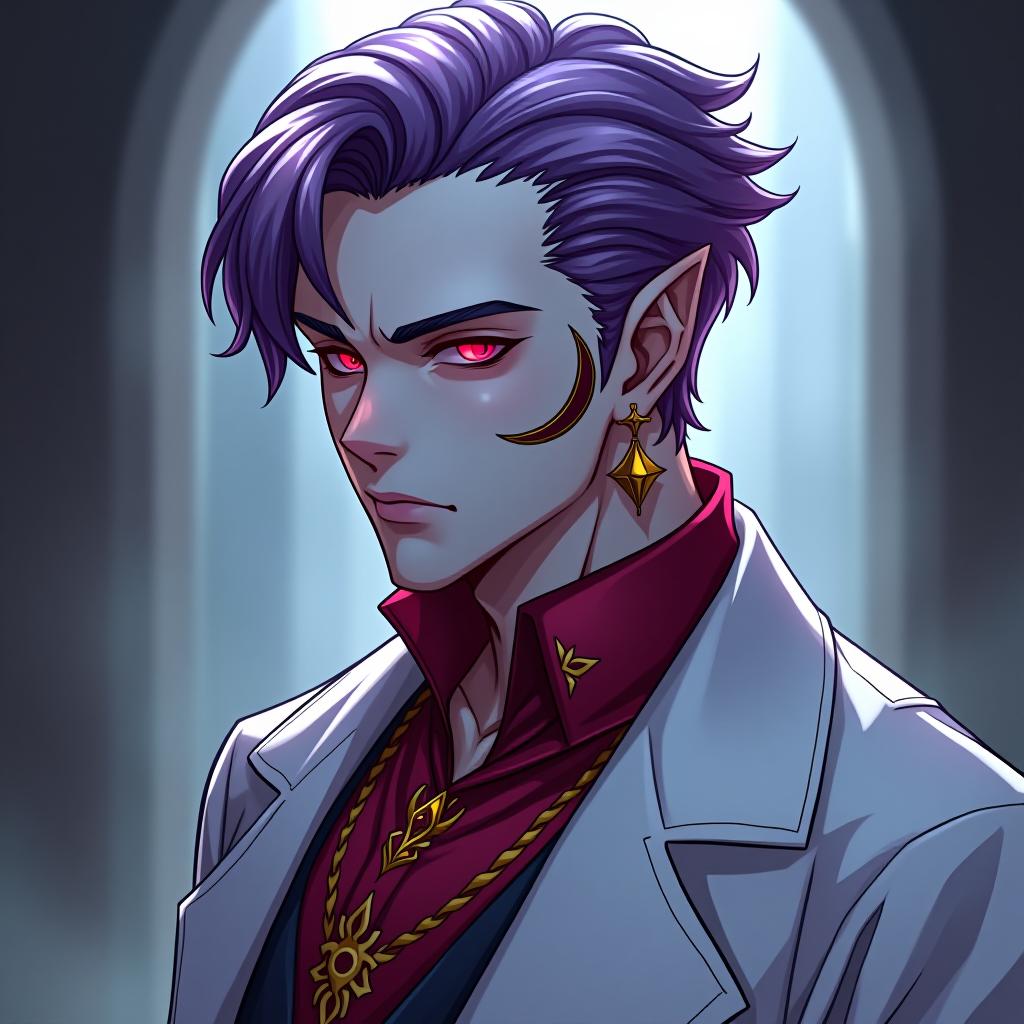  manga style the doctor of the dark elves is a young man with marble white skin, purple hair with a scarlet tint, lavender eyes with a red glow, dressed in a red purple shirt embroidered with red gold, a tight fitting white doctor's coat is worn over the shirt. hairstyle in the style of disheveled hair. in the right ear there is an earring in the shape of a crescent with teeth inside. a tattoo in the form of a crescent with a jagged inner side is applied from the left temple to the left cheekbone, skirting the left eye socket, the crescent moon faces the eye with a jagged inner side.the doctor of the dark elves is a young man with marble white skin, purple hair with a scarlet tint, lavender eyes with a red glow, dressed in a red purple sh hyperrealistic, full body, detailed clothing, highly detailed, cinematic lighting, stunningly beautiful, intricate, sharp focus, f/1. 8, 85mm, (centered image composition), (professionally color graded), ((bright soft diffused light)), volumetric fog, trending on instagram, trending on tumblr, HDR 4K, 8K