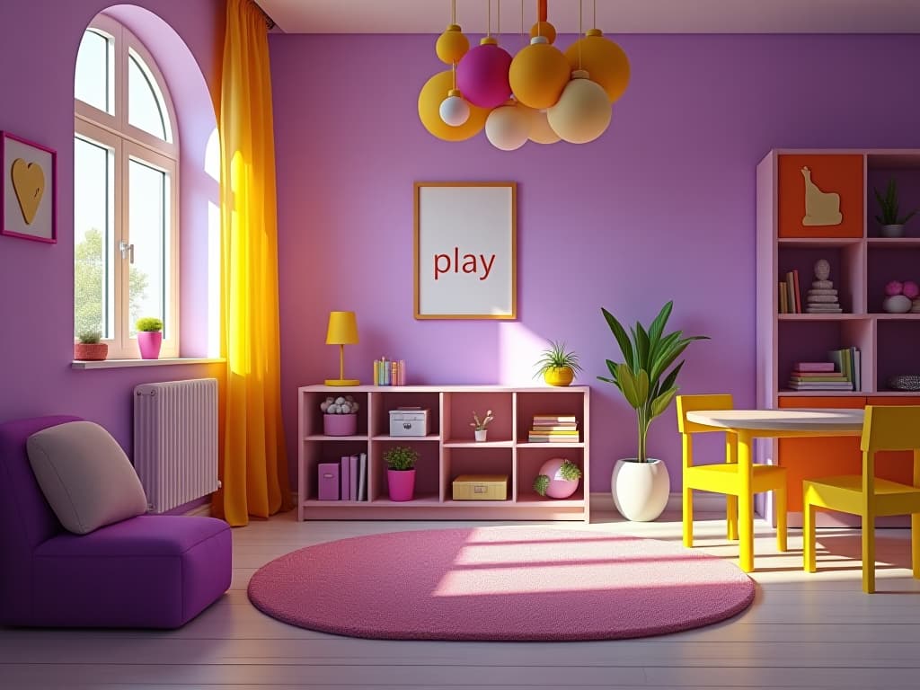  a modern play room with purple and yellow decor, and a picture on the wall with the text “play!” hyperrealistic, full body, detailed clothing, highly detailed, cinematic lighting, stunningly beautiful, intricate, sharp focus, f/1. 8, 85mm, (centered image composition), (professionally color graded), ((bright soft diffused light)), volumetric fog, trending on instagram, trending on tumblr, HDR 4K, 8K