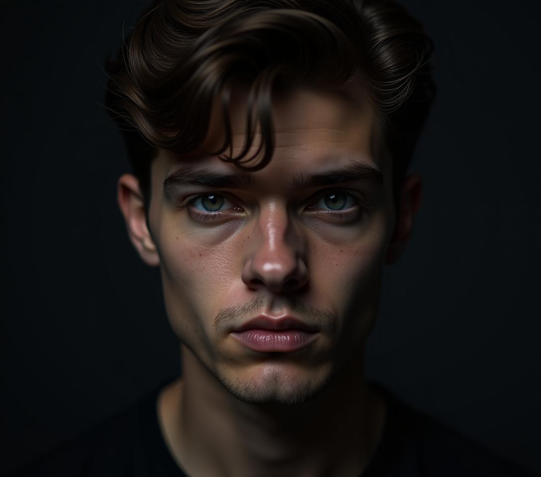  close up portrait of young mysterious man with half face in shadow. he is standing on dark background and expressing thoughtfulness. masculine beauty concept