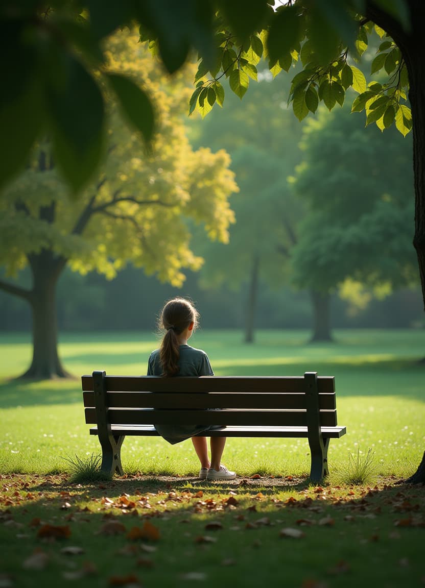  hyperrealistic art someone is watching a girl sitting on a bench in a park, through the object perspective through the leaves of a tree. . extremely high resolution details, photographic, realism pushed to extreme, fine texture, incredibly lifelike