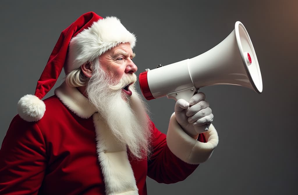  advertising style, stock photo, corporate branding style santa shouts into a megaphone. there is space for text on the right. ar 3:2 . professional, clean, modern, product focused, commercial, eye catching, minimalist, business oriented, highly detailed