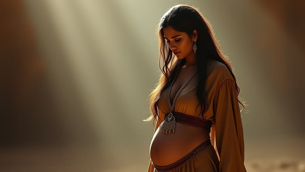  history of biblical times, hagar feeling proud after realizing she is pregnant, looking down on sarai with a mixture of satisfaction and disdain. hyperrealistic, full body, detailed clothing, highly detailed, cinematic lighting, stunningly beautiful, intricate, sharp focus, f/1. 8, 85mm, (centered image composition), (professionally color graded), ((bright soft diffused light)), volumetric fog, trending on instagram, trending on tumblr, HDR 4K, 8K