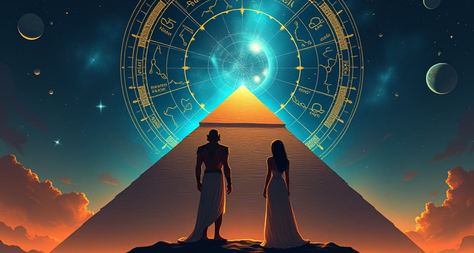  celestial sky filled with zodiac constellations, pharaoh and large busted priestess in sheer gowns standing on the pyramid summit, universe aligning with their steps. the style is digital art illustration / modern comic book / mysterious occult, symbolic, esoteric vibe,high detail on character design, incorporating ancient egyptian symbology and attire.