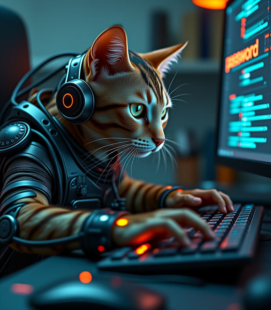  biomechanical cyberpunk a cyborg cat with numerous technical devices is typing on a computer keyboard, (on the monitor screen the text in large bold "password is incorrect"), high detail, high resolution, detailed skin, detailed eyes, detailed wires and leds, detailed background, cinematic, (large depth of field:1.2), hyper realism, many small details, perfect composition and foreshortening. . cybernetics, human machine fusion, dystopian, organic meets artificial, dark, intricate, highly detailed hyperrealistic, full body, detailed clothing, highly detailed, cinematic lighting, stunningly beautiful, intricate, sharp focus, f/1. 8, 85mm, (centered image composition), (professionally color graded), ((bright soft diffused light)), volumetric fog, trending on instagram, trending on tumblr, HDR 4K, 8K