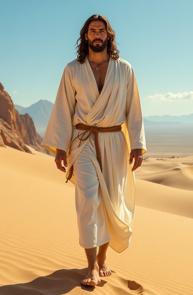  "jesus caminhando sozinho no vasto deserto sob o céu claro, com montanhas de areia ao fundo. ele está vestido com uma túnica branca simples, que é suave, mas ajustada ao seu corpo pelo vento que sopra levemente. a túnica branca brilha sob o sol quente do deserto, contrastando com o cenário árido ao seu redor. sua expressão é serena, com um olhar contemplativo, enquanto seus pés descalços tocam a areia dourada." hyperrealistic, full body, detailed clothing, highly detailed, cinematic lighting, stunningly beautiful, intricate, sharp focus, f/1. 8, 85mm, (centered image composition), (professionally color graded), ((bright soft diffused light)), volumetric fog, trending on instagram, trending on tumblr, HDR 4K, 8K