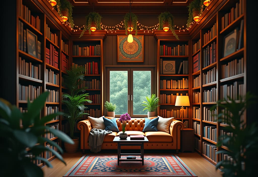  a landscape photo of a cozy reading nook with floor to ceiling bookshelves, adorned with hanging plants, string lights, and colorful framed mandalas hyperrealistic, full body, detailed clothing, highly detailed, cinematic lighting, stunningly beautiful, intricate, sharp focus, f/1. 8, 85mm, (centered image composition), (professionally color graded), ((bright soft diffused light)), volumetric fog, trending on instagram, trending on tumblr, HDR 4K, 8K