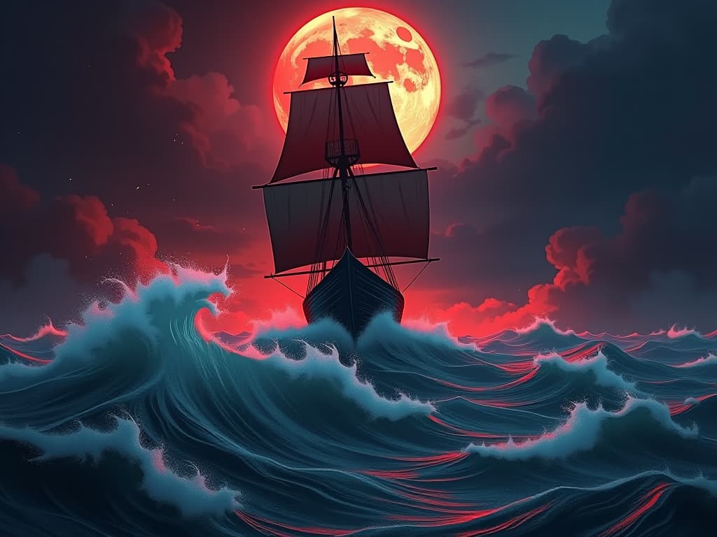  stormy sea with tumultuous waves, ship struggling to stay afloat, symbol of spiritual turmoil. the style is digital art illustration / modern comic book / graphic dark novel fantasy and mysterious occult, symbolic, moody lighting, esoteric vibe,high detail on character design. for the color scheme emphasize blacks and reds.