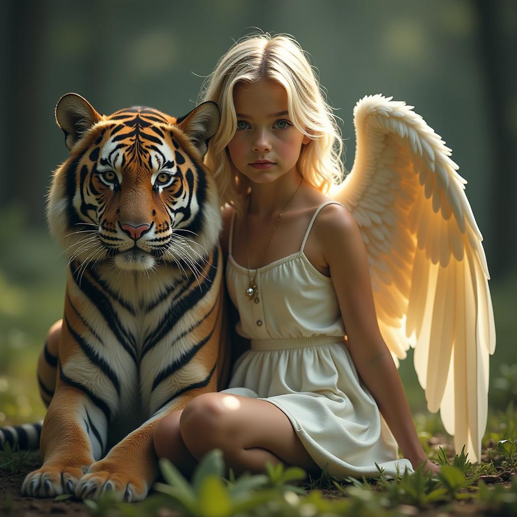  a blonde girl with wings is sitting next to a tiger. hyperrealistic, full body, detailed clothing, highly detailed, cinematic lighting, stunningly beautiful, intricate, sharp focus, f/1. 8, 85mm, (centered image composition), (professionally color graded), ((bright soft diffused light)), volumetric fog, trending on instagram, trending on tumblr, HDR 4K, 8K