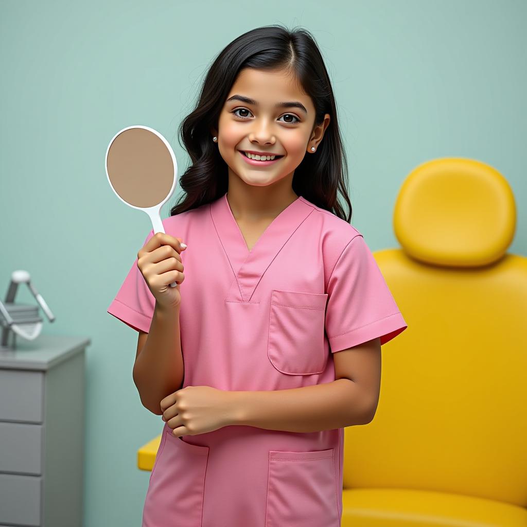  a girl with beautiful brown eyes and dark wavy hair in a surgical pink suit is holding a gynecological mirror in her hands, next to her is a yellow gynecological chair.