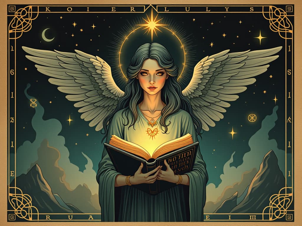  a celestial figure, genderless, holding a book with glowing runes, surrounded by floating symbols and dream fragments, magical and surreal, a narrative being written in the stars, ethereal and enlightening. an illustration in the style of a worn, mystical old tarot trump card, mysterious and elements of surrealism. the colors are muted, somber and eerie, but with contrast bring out an occult and esoteric vibe.