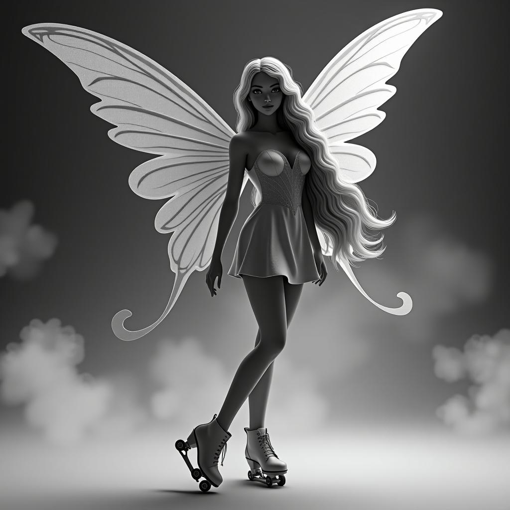  professional 3d model a black and white vector skate of a beautiful, pionate and spicy with wings and a high quality face, a fairy is full of growth in a and model pole, a shoe in very high beds, a short dress with very long light hair . octane render, highly detailed, volumetric, dramatic lighting hyperrealistic, full body, detailed clothing, highly detailed, cinematic lighting, stunningly beautiful, intricate, sharp focus, f/1. 8, 85mm, (centered image composition), (professionally color graded), ((bright soft diffused light)), volumetric fog, trending on instagram, trending on tumblr, HDR 4K, 8K