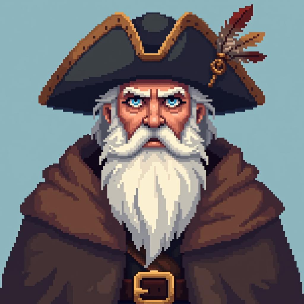  (((pixel art:10))), (high quality), full length, (old captain whisper has a long, white beard and twinkling blue eyes. he wears a tattered brown cloak and a wide brimmed hat adorned with feathers. his weathered face tells tales of a thousand adventures, with deep lines etched by the sun and sea.) (the background is a simple plain light blue), (centered image composition)