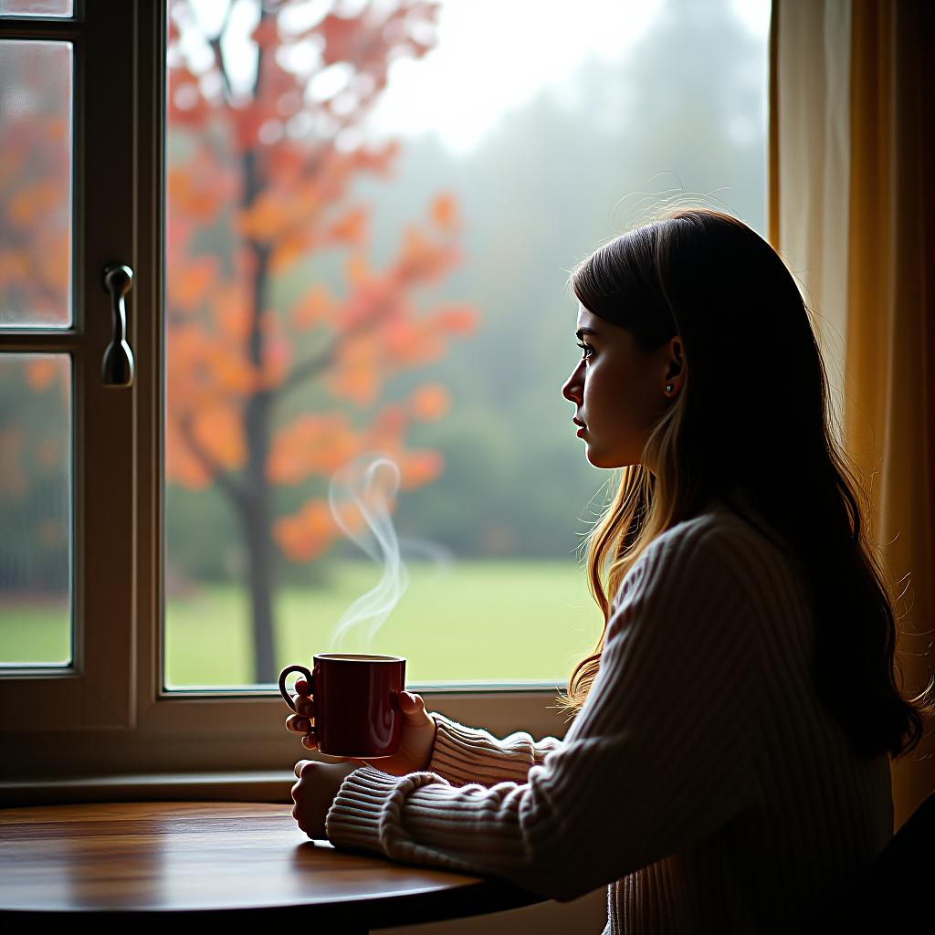  cinematic photo a girl with a cup of steaming coffee in her hand looks out the window, sits at the table, a summer landscape is outside the window, but autumn is approaching, a red rowan tree, leaves turn yellow on trees, the fog turns white outside the window.fantastically, lyrically, painting, watercolor. . 35mm photograph, film, bokeh, professional, 4k, highly detailed hyperrealistic, full body, detailed clothing, highly detailed, cinematic lighting, stunningly beautiful, intricate, sharp focus, f/1. 8, 85mm, (centered image composition), (professionally color graded), ((bright soft diffused light)), volumetric fog, trending on instagram, trending on tumblr, HDR 4K, 8K