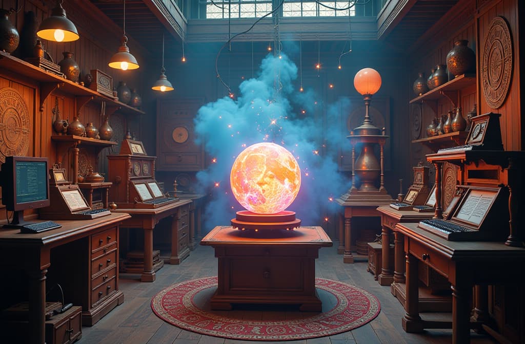  "an imaginative workshop filled with fantastical instruments that create sound, including colorful, whimsical devices resembling musical machines and ancient wind instruments. in the center, a glowing orb pulsates with vibrant waves of color that symbolize sound waves, surrounded by gears and levers, while ethereal musical notes and soft whispers swirl in the air, inviting viewers to experience the magic of creation through sound." hyperrealistic, full body, detailed clothing, highly detailed, cinematic lighting, stunningly beautiful, intricate, sharp focus, f/1. 8, 85mm, (centered image composition), (professionally color graded), ((bright soft diffused light)), volumetric fog, trending on instagram, trending on tumblr, HDR 4K, 8K