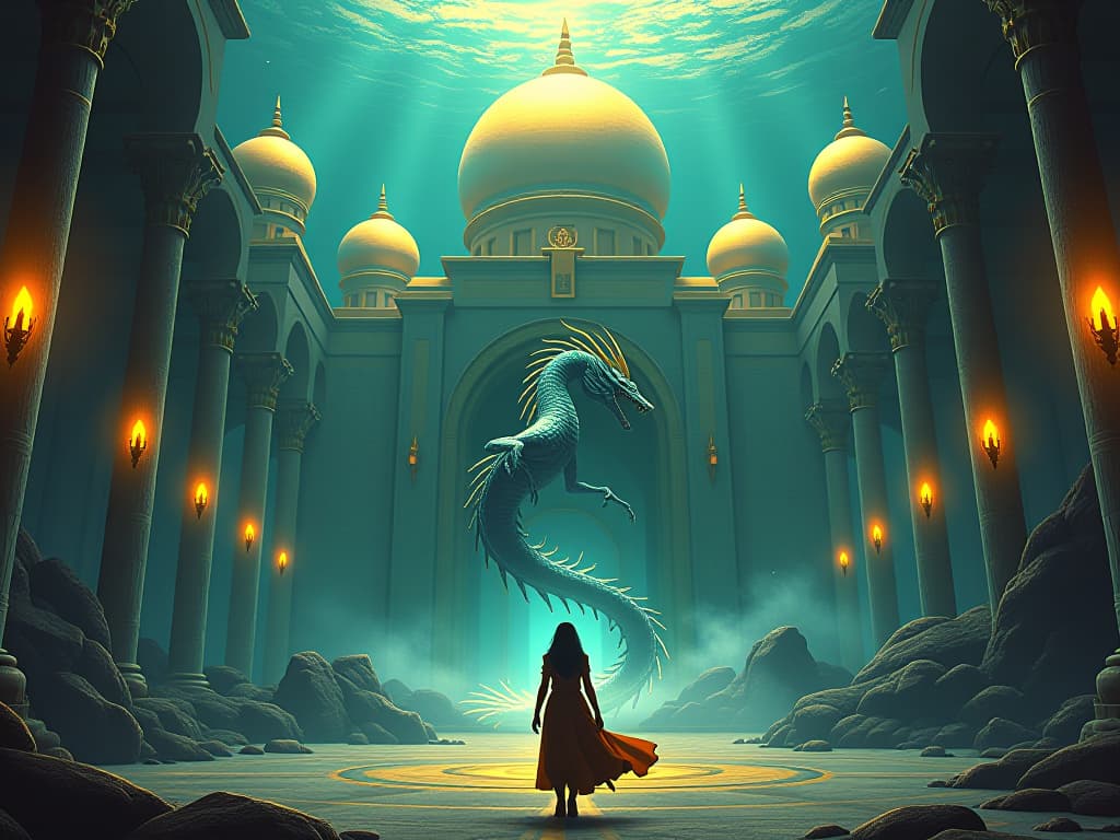  a radiant undersea palace with shimmering golden domes, urashima taro entering the grand hall, greeted by a noble sea dragon, mythic atmosphere brimming with ancient magic.. the style is digital art illustration / modern comic book / mysterious occult, symbolic, esoteric vibe,high detail on character design, incorporating ancient egyptian symbology and attire.