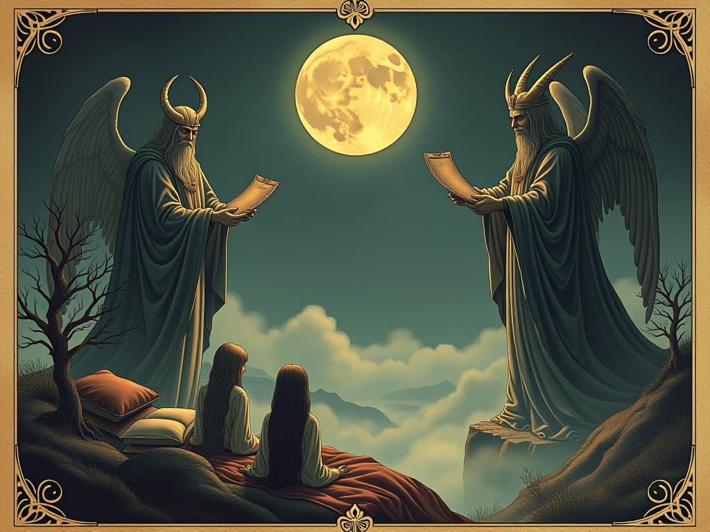  a dream like scene where gods appear, holding scrolls and symbols, communicating with sleeping figures below, surreal and divine, foggy moonlit landscape. an illustration in the style of a worn, mystical old tarot trump card, mysterious and elements of surrealism. the colors are muted, somber and eerie, but with contrast bring out an occult and esoteric vibe.