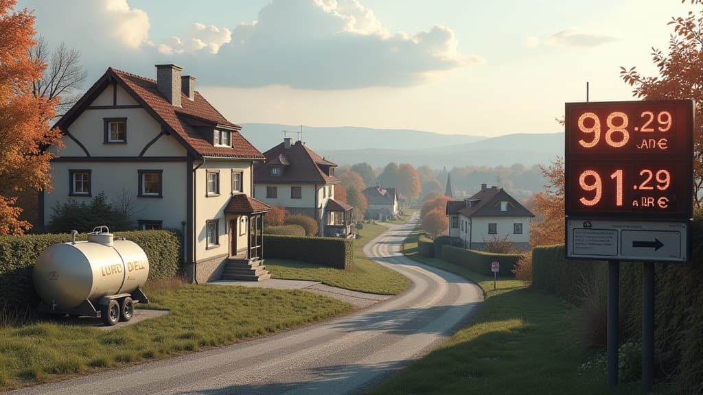  prompt: create a hyper realistic image capturing the landscape of burgenlandkreis, showcasing the fluctuating heating oil prices through a detailed visual representation. include a panoramic view of the region with various homes and buildings, each with a different quantity of heating oil tanks outside, symbolizing the price variations. incorporate a digital display board showing the current average price of 100 liters of heating oil, set at 91.29 euros. emphasize the diversity in purchasing dec