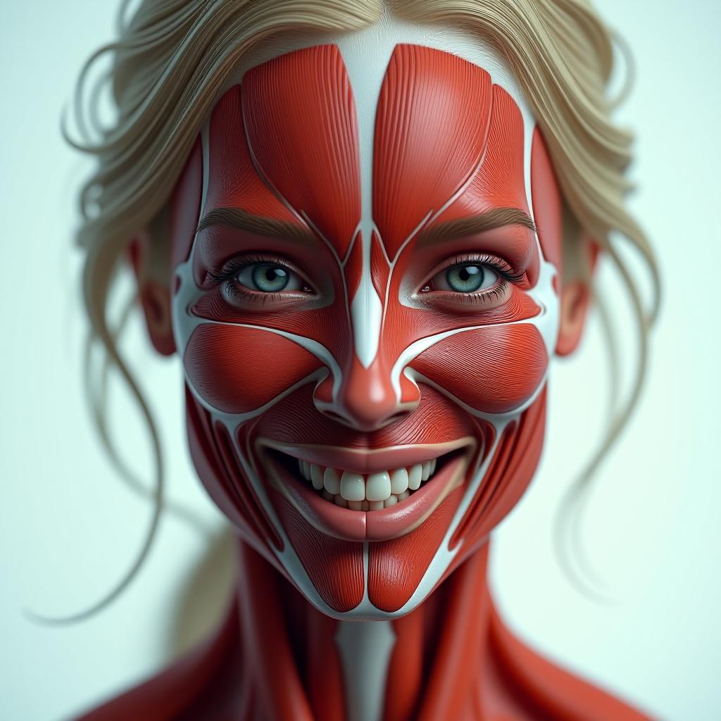  anatomy image of the mimical muscles on the face, the forehead, the cheeks, the chin of a beautiful, smiling blond woman in the anfas hyperrealistic, full body, detailed clothing, highly detailed, cinematic lighting, stunningly beautiful, intricate, sharp focus, f/1. 8, 85mm, (centered image composition), (professionally color graded), ((bright soft diffused light)), volumetric fog, trending on instagram, trending on tumblr, HDR 4K, 8K