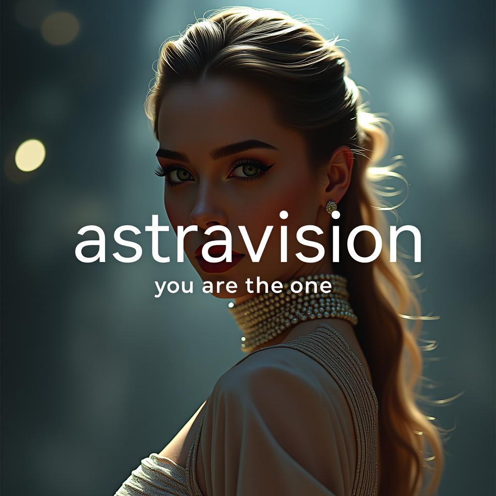  design a logo, glamorous logo for a female focused agency with 'astravision' written, with the text 'you are the one'. hyperrealistic, full body, detailed clothing, highly detailed, cinematic lighting, stunningly beautiful, intricate, sharp focus, f/1. 8, 85mm, (centered image composition), (professionally color graded), ((bright soft diffused light)), volumetric fog, trending on instagram, trending on tumblr, HDR 4K, 8K