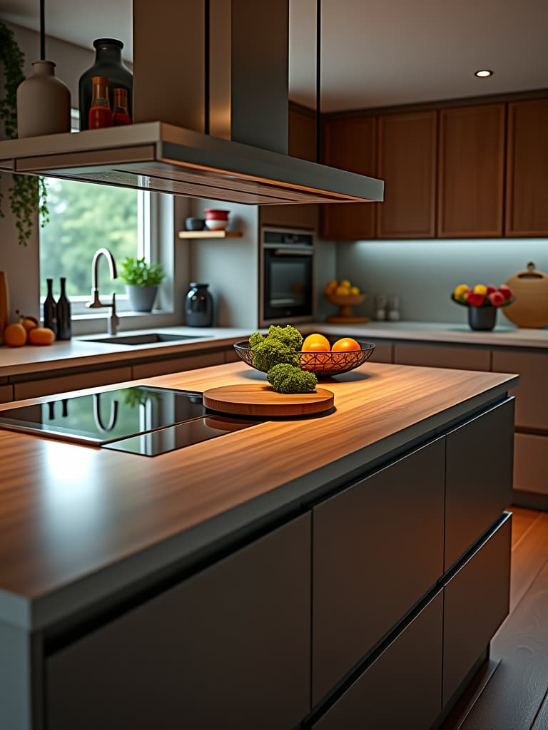  high quality portrait photo of a multi functional kitchen island with a pull out induction cooktop, concealed storage, and a fold down dining table, all in a small, well lit kitchen space hyperrealistic, full body, detailed clothing, highly detailed, cinematic lighting, stunningly beautiful, intricate, sharp focus, f/1. 8, 85mm, (centered image composition), (professionally color graded), ((bright soft diffused light)), volumetric fog, trending on instagram, trending on tumblr, HDR 4K, 8K