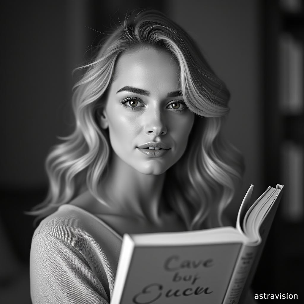  a pretty woman photograph in black and white, capturing a pretty blond european woman holding a book written on it with a small text "astravision" at bottom right corner