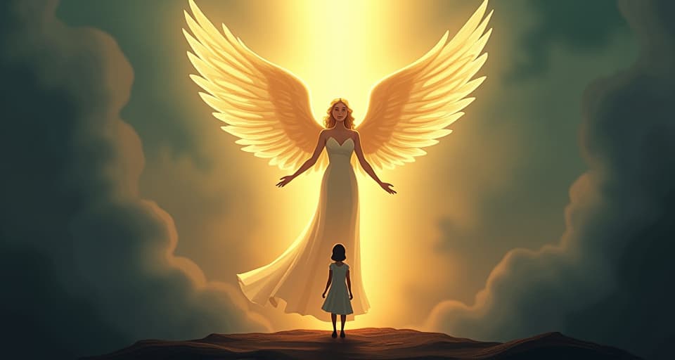  a radiant angel standing tall in a divine light. below her, a subdued figure in shadows, symbolizing the inescapable reality that they must answer to her.. the style is digital art illustration,highly detailed, whimsical,magical, dreamlike atmosphere, realism and fantasy blend, smooth, glossy textures,luminous quality, wonder and enchantment.