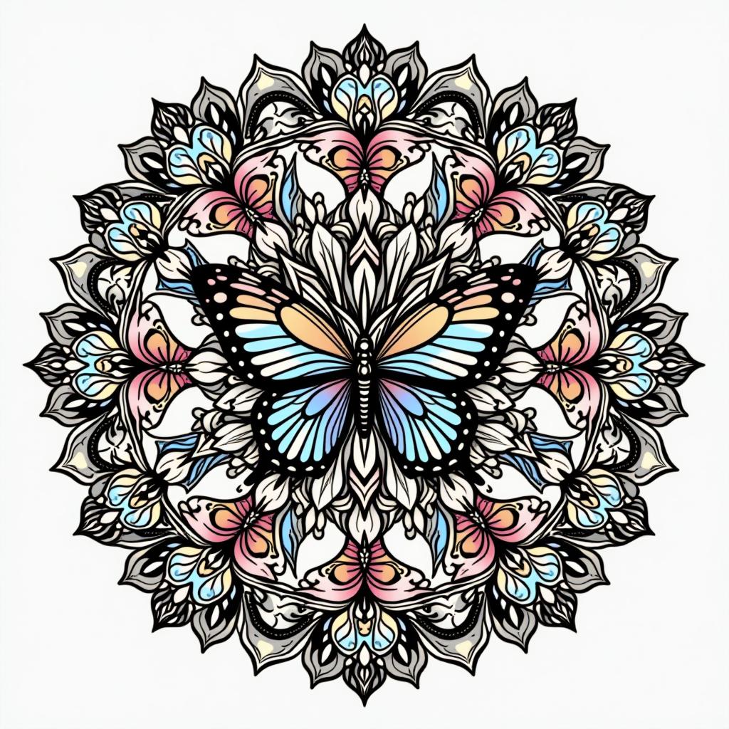  an intricate designed mandala with butterflies. in bright colors with black. in monochrome, black and white, shades of gray style