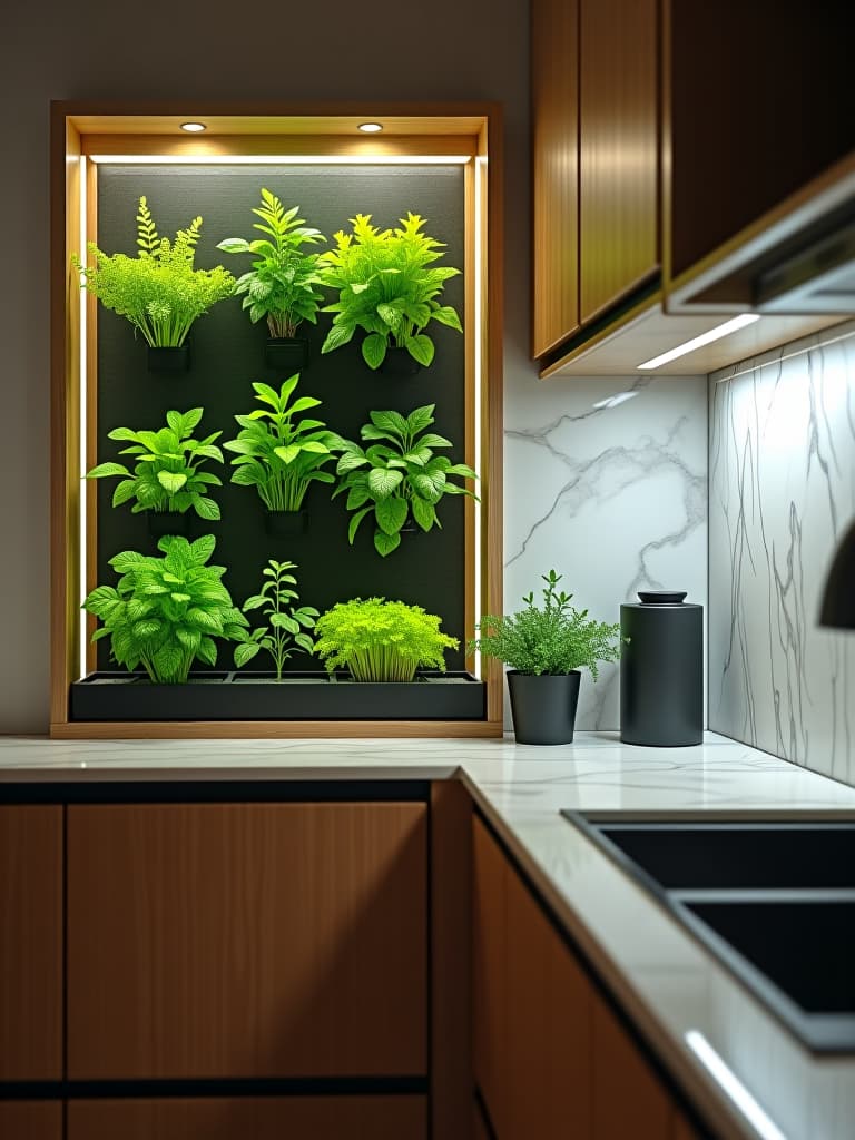  high quality portrait photo of a compact kitchen featuring a built in herb garden wall with integrated led grow lights, adjacent to a small but luxurious marble backsplash hyperrealistic, full body, detailed clothing, highly detailed, cinematic lighting, stunningly beautiful, intricate, sharp focus, f/1. 8, 85mm, (centered image composition), (professionally color graded), ((bright soft diffused light)), volumetric fog, trending on instagram, trending on tumblr, HDR 4K, 8K