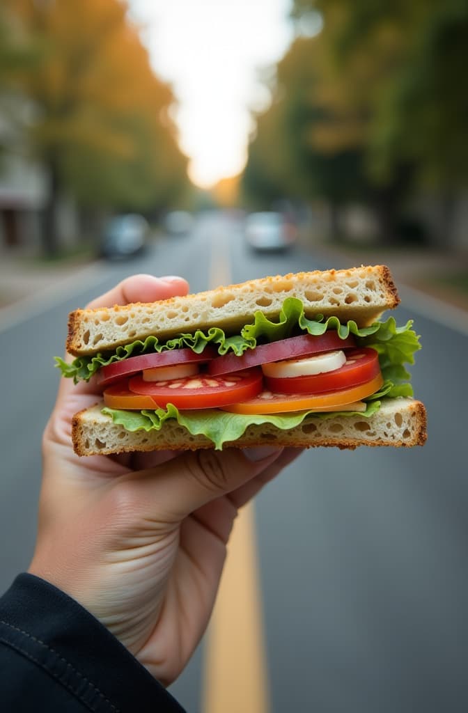  sandwich in hand against the road. the background is blurred ar 2:3 {prompt}, maximum details