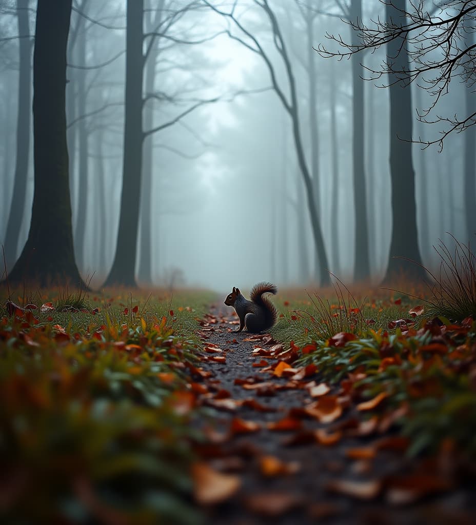  a scene in german woods, with fog from the perspective of a squirrel.